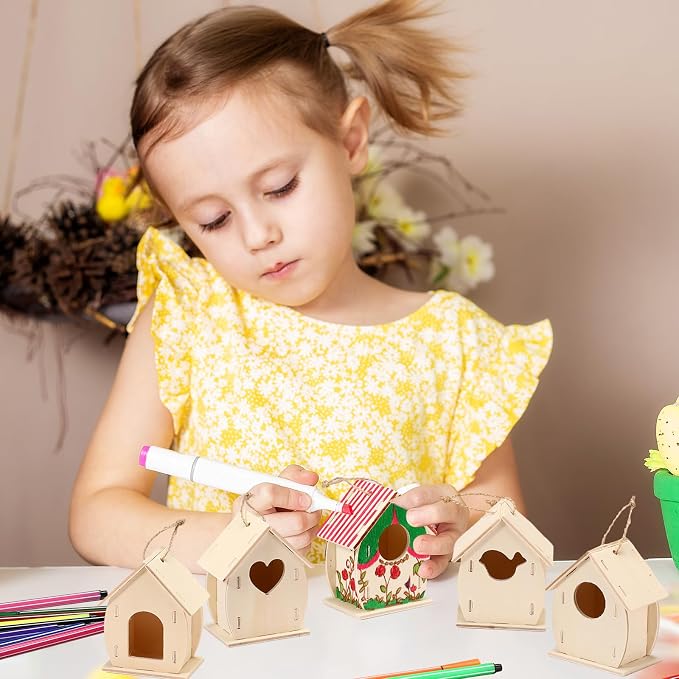 Outus 24 Pcs Wooden DIY Birdhouse Kits for Kids to Build, 4 Shapes Birdhouse Kit Wooden Unfinished with Butterfly Sticker for Boy Girl Arts Crafts(Cute)