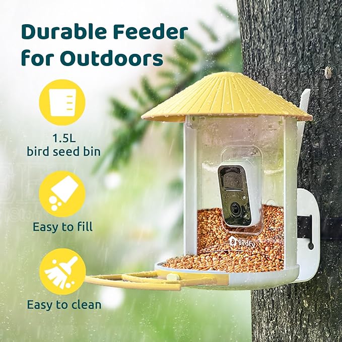 NETVUE by Birdfy Smart Bird Feeder with AI Camera, Auto Capture Videos & Live Steam, Wireless Wildbird Watching, Outdoor Backyard Birder(AI by Subscription) Yellow