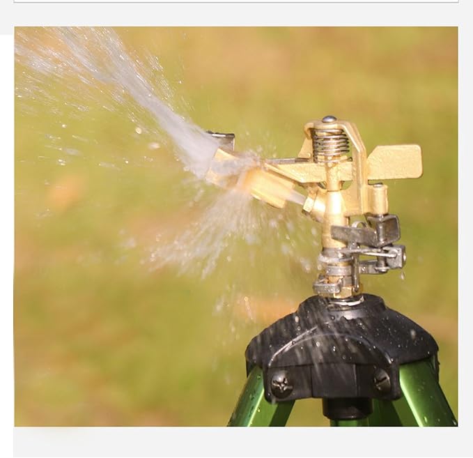 Heavy-Duty Brass Impact Sprinkler on Tripod Base, 360 Degree, 50 Feet Large Area Coverage, Adjustable Water Sprinkler, 3/4 Inch Connector Extension Legs Flip Locks