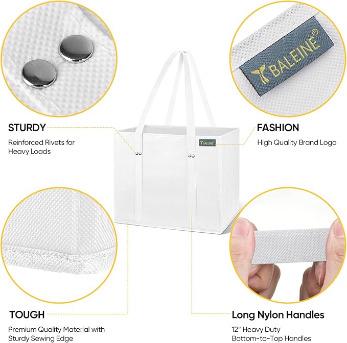 BALEINE 1Pk Reusable Grocery Bags, Foldable Shopping Bags for Groceries with Reinforced Bottom & Handles (White)
