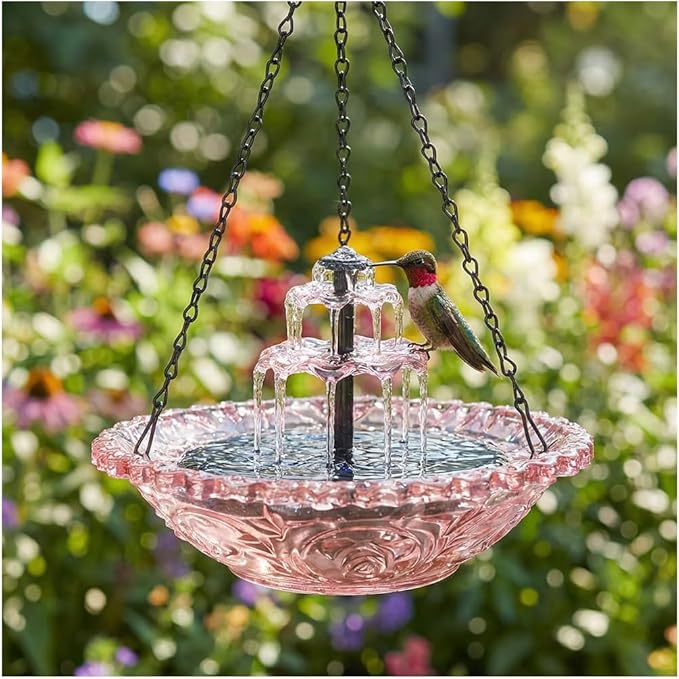 Solar Hanging Humming Bird Bath Fountain with Pump, Glass Bowl Cascading Water Fountain Solar Powered Outdoor Bird Bath for Garden Patio Yard (Pink)