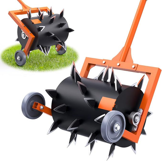 Rolling Lawn Aerator Grass Aerator, Steel Spike Roller Aerators Push Manual Lawn Aerators Machine, Rotary Aeration Tool for Lawns Soil Aerating, Aerator Lawn Tool for Garden Yard Turf Care - White