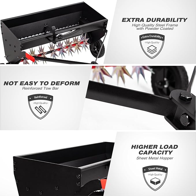 Suchtale Upgrade 40-Inch Tow Behind Spiker Seeder,Combination Tow Spike Aerator,Broadcast Spreader,Steel Hopper Lawn Drop Seed Fertilizer and Spreader,Lawn Soil Aerator Spikes Tractor
