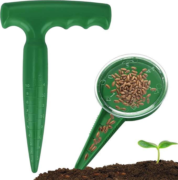 Seed Planter Tool, T-Handle Seed Dibber with Scale, Seed Spreader Tool with 5 Adjustable Holes, Dibbler Gardening Tool for Trays, Raised Bed, Balcony Garden (Dark Green 2PCS)