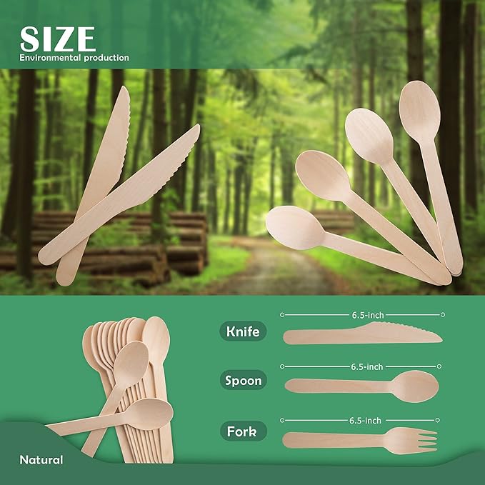 Disposable Wooden Forks -Pack of 100, 6.5" Length-Biodegradable, Natural Wooden Utensils, Great for Parties,Camping,Weddings&Dinner Events (Knives)