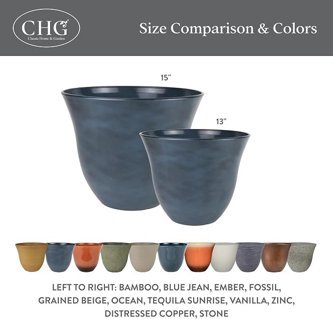 Classic Home and Garden by Growscape Honeysuckle Resin Planters - Lightweight Indoor & Outdoor Plant Pots - UV-Resistant Plastic Flower Pots - Pot Planters for Flowers & Herbs (15" Blue Jean)