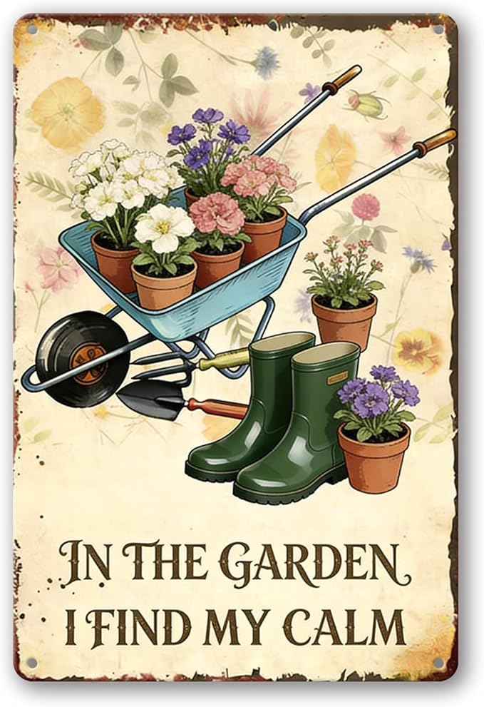 Funny Garden Signs, Vintage Garden Gift, Garden Decor for Outside, in The Garden I Find My Calm Sign, Weatherproof Aluminum Outdoor Decor for Patio Yard Greenhouse Home, Wall Decor 8x12 Inch