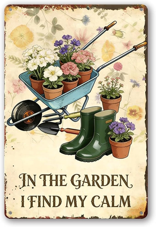 Funny Garden Signs, Vintage Garden Gift, Garden Decor for Outside, in The Garden I Find My Calm Sign, Weatherproof Aluminum Outdoor Decor for Patio Yard Greenhouse Home, Wall Decor 8x12 Inch