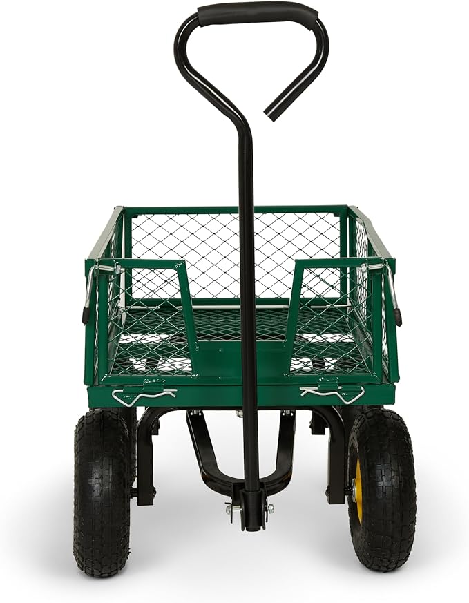 Backyard Expressions Heavy Duty Garden Cart 600 lb, 38" x 20" Steel Bed Utility Wagon with Removable Mesh Sides, Powder-Coated Frame, 10" Pneumatic Wheels, Pull Handle Yard/Lawn Hauler