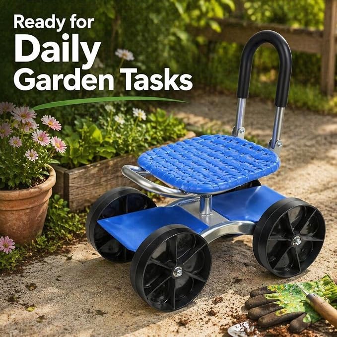 Garden Seat with Wheels, Knee Pain Relief, 360° Swivel Rolling Stool, Adjustable Seat Height 8.7"–13.8", Max Load 300 lbs, Tool Storage Tray, Foldable Outdoor Workseat for Patio Yard Planting Picking