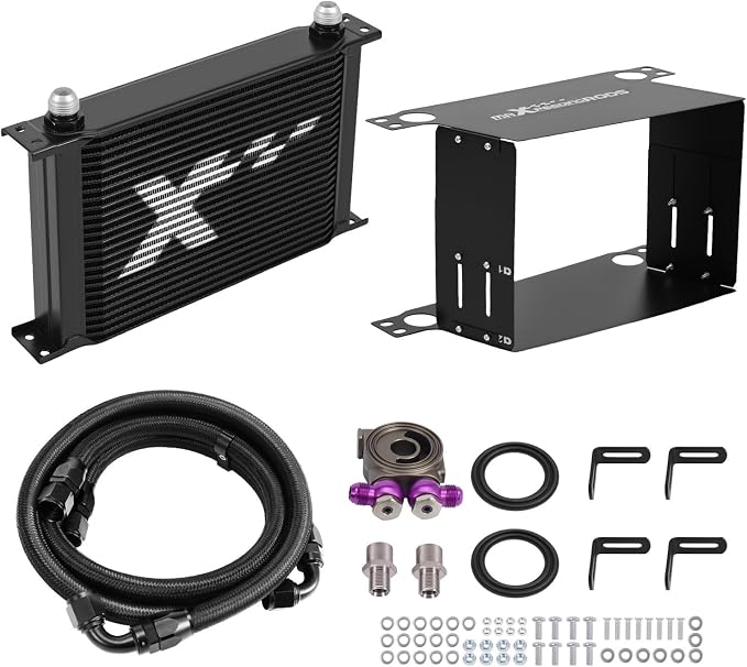 maXpeedingrods 25 Row Oil Cooler Kit, 10AN Transmission Engine Cooler British Radiator Universal Aluminium Black, Banjo Fittings Oil Filter Sandwich Adapter, Air Guide Kit and Oil Cooler Hoses