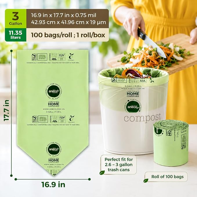 ANECO 100% Compostable Food Waste Bags 3 Gallon, 100 Count, Extra Thick Compost Bags for Countertop Bin, Small Compost Bag, Food Waste Bags with TUV OK Compost Home and BPI certified