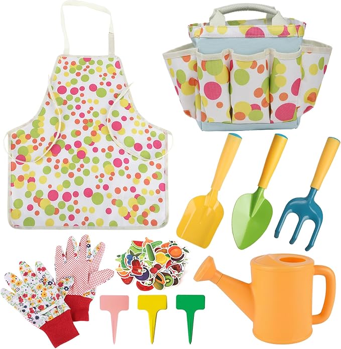 Kids Gardening Set, Kids Gardening Tools with Watering Can, Shovel, Rake, Gloves, Waterproof Apron and Storage Bag, Kids Beach Sand Toys Set for Boys Girls Age 3 4 5 6 7 8