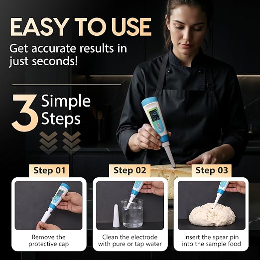Digital pH Meter for Food Testing - Sourdough, Fermentation, Cheese & Canning - Solid Food Probe with Calibration Powder - Professional pH Tester for Home Cooks & Bakers (0.00-14.00)