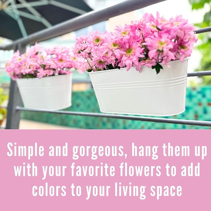 LaLaGreen Rail Planters for Outdoor (11.2 Inch, 8 Pack) White Metal Iron Hanging Flower Pots, Strawberry Planter Deck Railing Fence Bucket Modern Stylish Wall Mount Window Box Plant Holder Porch Décor