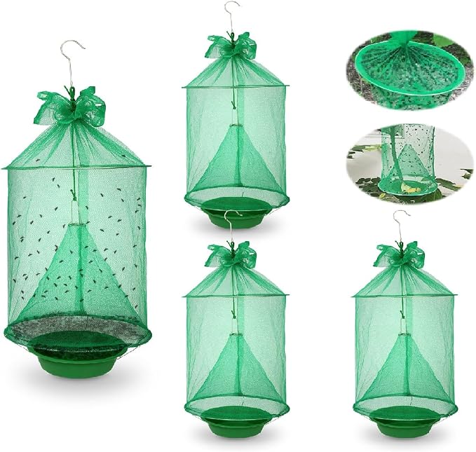 4 Pack Reusable Fly Traps Outdoor Hanging, Ranch Fly Traps with Food Bait Tray, Fly Catcher Cage for Indoor or Outdoor Family Farms, Park