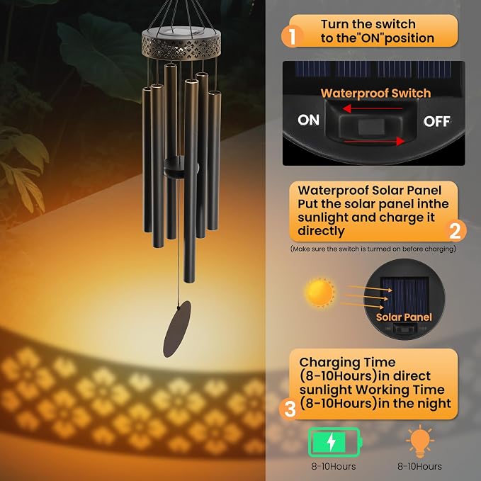 42" Solar Deep Tone Wind Chimes for Outside Clearance, Solar Large Metal Windchimes for Loss of Loved One, Memorial Heavy Duty Chimes Outdoor for Garden,Sympathy Gifts,Black