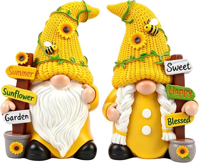 Sunflower Gnome Garden Decorations 2 PCS Resin Summer Figurines Cute Indoor Collectible Statue Outdoor Ornament for Table