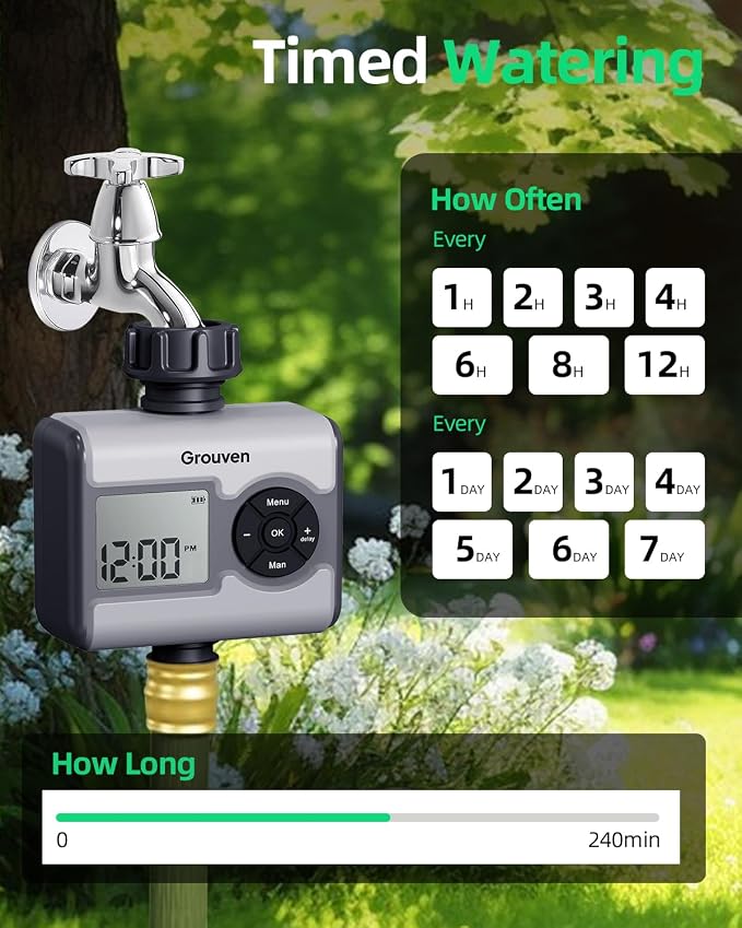 LCD Digital Water Timer with Brass Inlet Sprinkler Timer 3 Independent Programs Ball Valve No Water Pressure Required with Rain Sensor Port & Delay Function for Garden Lawn Irrigation