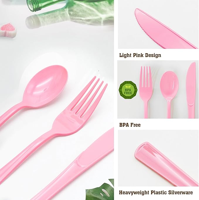 50 Pcs Light Pink Plastic Forks, Pink Plastic Silverware Heavy Duty, Disposable Cutlery Set for Brithday, Wedding, Baby Shower, Bridal Showe, Garden Party