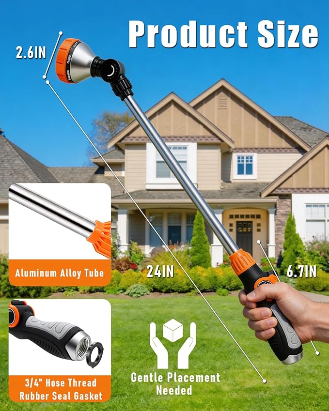 24-Inch Watering Wand with 8 Spray Patterns & 180° Rotating Head, Arthritis Friendly Hose Sprayer Nozzle with Thumb Control, Hose Nozzle for Hanging Baskets, Garden Plant & Cleaning Works