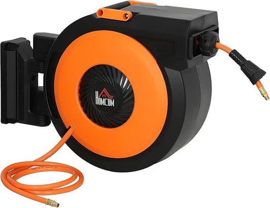 HOMCOM Retractable Air Hose Reel, Wall Mounted Air Compressor Hose Reel with Swivel Bracket, Auto Rewind, 3/8 in x 82 ft, 6.6 ft Lead in, 300 PSI, Air Coupler, Black and Orange
