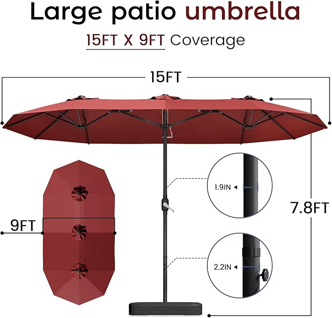 DomeShade 15ft Red Patio Umbrella with Base Included,Rectangle Double Extra Large Table Umbrella Outdoor Giant Umbrella for Porch Pool Lawn Deck,Market,Backyard Outside,Burgundy Red