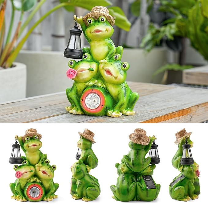 Joint Honglin Solar Frog Family Garden Statue with Lighted Lantern & Watermelon, Outdoor Frog Figurine, Waterproof Resin Garden Decor for Yard Lawn Patio Porch (Family Frogs)