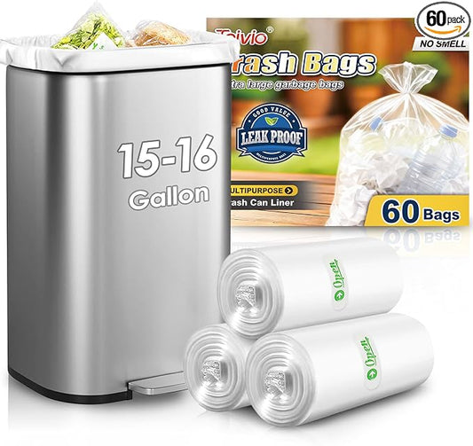 15-16 Gallon 60 Counts Large Tall Kitchen Trash Bags,Fit 13,15,16,18 Gal,Garbage Bags by Teivio, Bin Liners, Plastic Bags for home Office,Clear for Bathroom, Clear