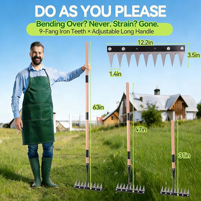Gardenia Iron Weeding Rake with Handle 3.0, Heavy Duty Iron Rake for Gardening and Weeding, 2026 Upgraded 9-Tine Garden Weed Puller Tool, Garden Weed Rake Tool for Removing Weeds, Soil Aeration
