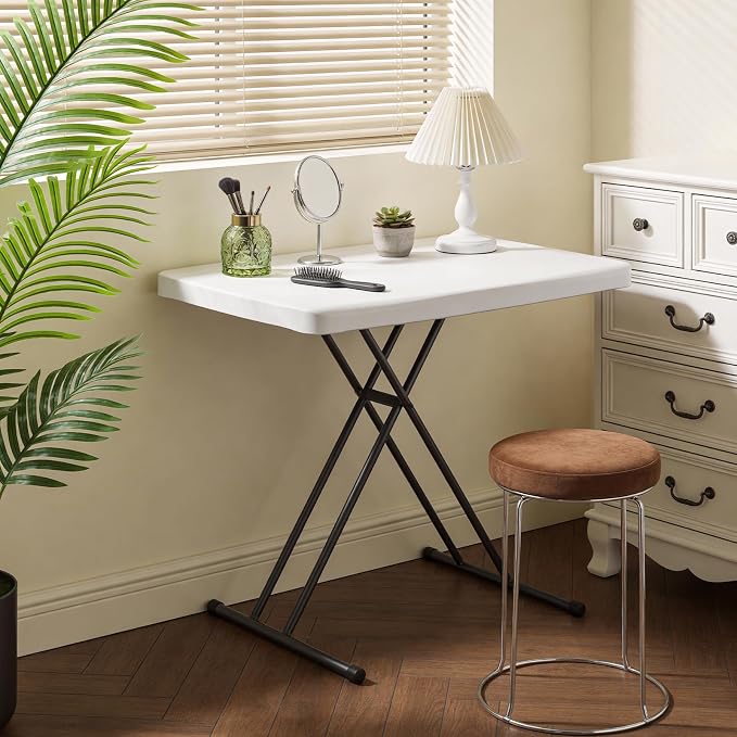 30in Folding Table, Portable Picnic Table with Adjustable Height, Foldable TV Tray Table & Laptop Desk for Small Spaces, Patio, Camping, BBQ, No Assembly Needed, White