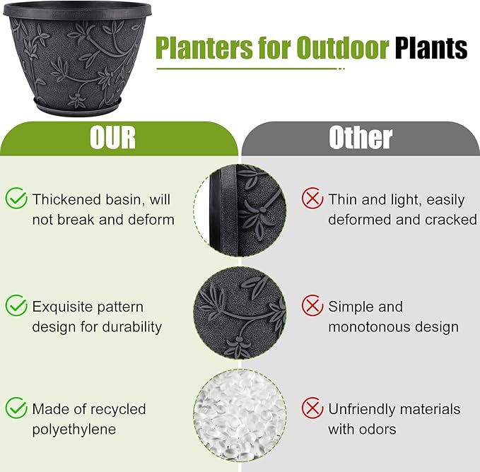 Nooulap 4 Pack 10 Inch Flower Pots for Outdoor Indoor, Plastic Plant Pots with Drainage Hole & Saucer, Lightweight Small Resin Flower Pot, Outdoor Planters Imitation Magnolia for Garden House（Gray）
