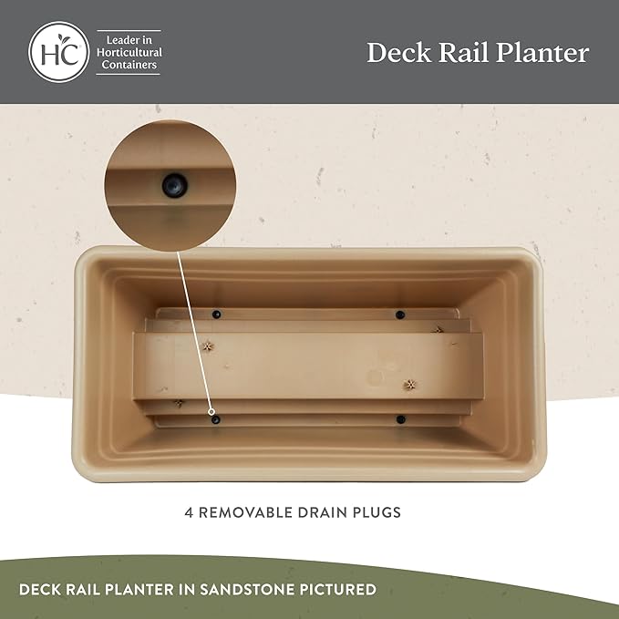 The HC Companies 24 Inch Deck Rail Planter Box with Drainage Plug, Lightweight UV-Resistant Plastic Outdoor Planters for Wood Deck Rail, Flower Box for Garden, Patio, Balcony, and Fence, Clay