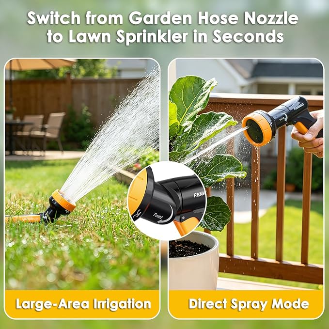FANHAO 2-in-1 Rotating Garden Hose Nozzle with Sprinkler Function, High-impact ABS+PP Water Hose Sprayer with 4 Spray Patterns, Ergonomic Front Trigger for Lawn & Plant Watering, Car & Pet Washing
