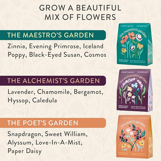 Modern Sprout Bespoke Blooms Flower Seed Ball Kit (Pack of 3) Non-GMO 15 Hand Rolled Annual & Perennial Wildflower Seed Bombs - Planting Gift for Gardeners Flower Party Wedding Favors - Made in USA
