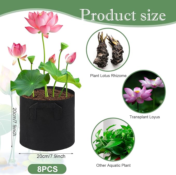 8Pack Lily Plant Pots for Pond, Thickened Nonwoven Plant Fabric Pots with Handles, Durable Breathe Reusable Fabric Plant Bags for Aquatic Plants, Potato, Carrot, Onion, Flower