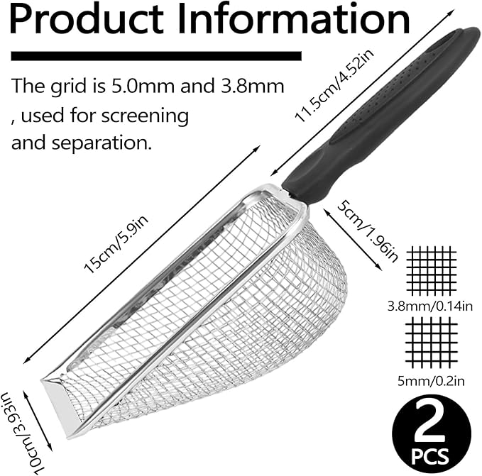 Huakaile 2 Pieces 5 & 3.8 mm Soil Sifter for Gardening, Stainless Steel Compost Sifter with Plastic Handle, Garden Mesh Shovel Potting Scoop for Sand Rock Gravel Filtration (2)