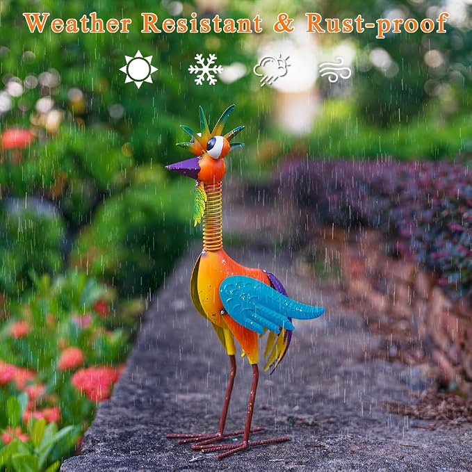 Metal Wacky Rooster Garden Statue, Rooster Decor Yard Statue Decorations Outdoor, Chicken Yard Art for Outside, Patio, Backyard, Lawn (Orange)