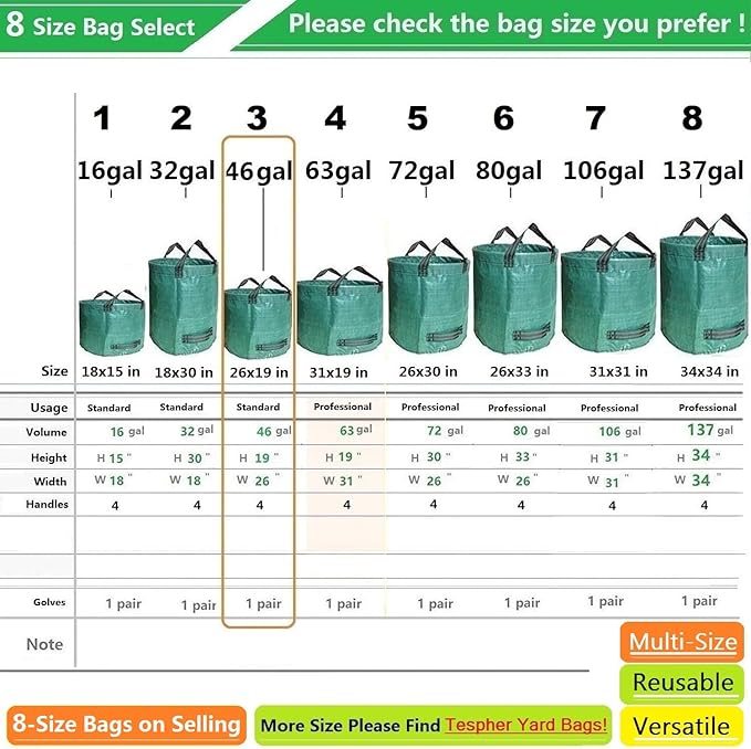 Standard 2-Pack 46 Gallon Lawn Garden Bags (D26,H19 in) Yard Waste Bags W/Gardening Gloves for Leaf Bag,Yard Debris,Trash Container,Recycling Bin,Camping Waste Bin,Grass Clippings,Weeds Bag 4 Handles