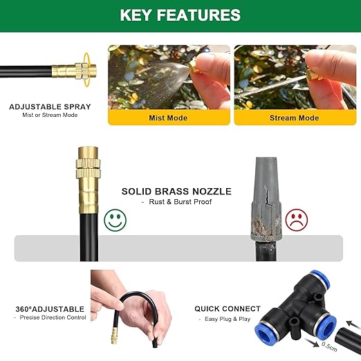 Drip Irrigation System with Brass Nozzles – 2026 Upgrade 100FT Garden Watering Kit with 20Pcs 360° Adjustable Misting Sprinklers Quick Connect Fittings for Raised Beds, Lawn, Patio