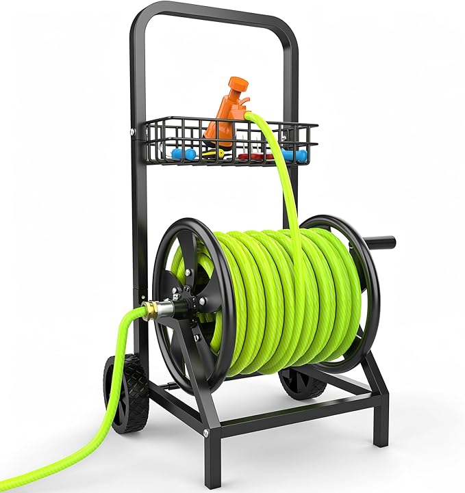 Garden Hose Reel Cart, Heavy Duty Hose Reel with Wheels, Hold Up to 200 ft of 1/2’’ Hose, Mobile Hose Reel Cart for Outside, Metal Water Hose Reel with Storage Basket for Backyard, Garden, Lawn