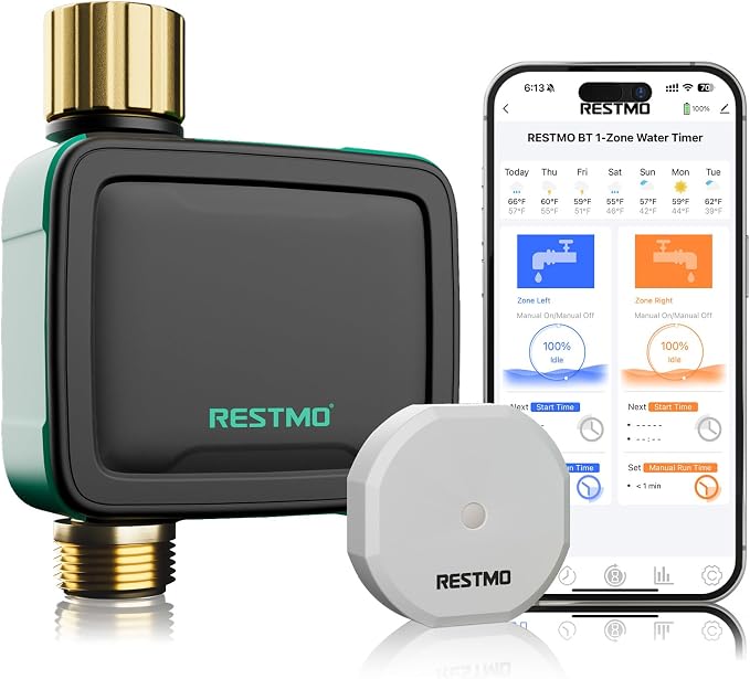 RESTMO Brass Inlet & Outlet Smart Sprinkler Hose Timer with Flow Meter, Water Timer for Garden Hose with APP Remote Control (RF Hub & 2.4GHz WiFi Connection), Automatic Drip Irrigation System for Lawn