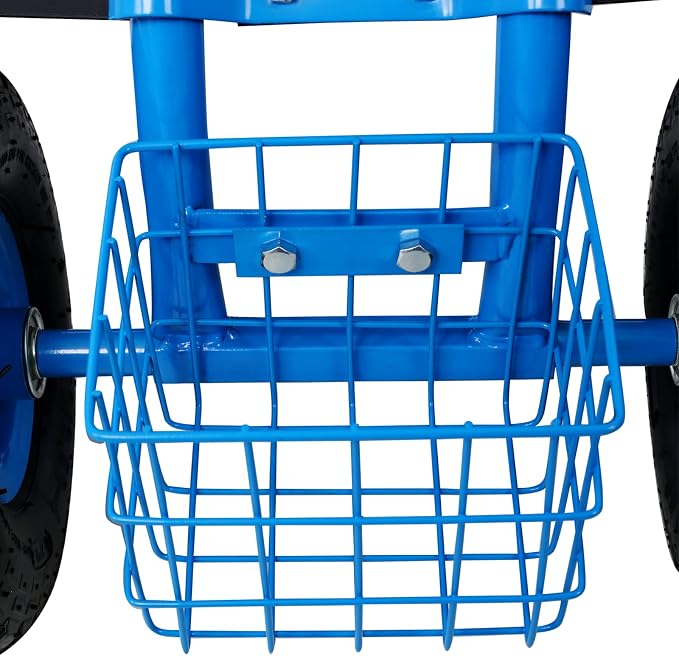 Rolling Garden Cart Wagon Scooter Lawn Yard Patio Work Seat Gardening Stool Cart with Extendable Steer Handle and Storage Basket, Adjustable 360° Swivel Seat (Blue)