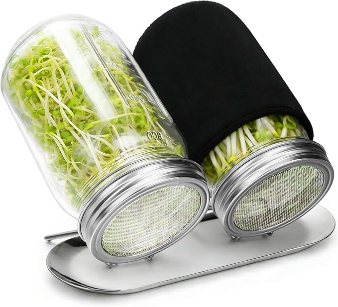 Palksky Regular Mouth Sprouting Kits with Stainless Steel Screen Sprouting Lids & Glass Mason Jars & Light-Blocking Sleeves, 2Pack Reusable Sprouts Growing Kit for Broccoli Alfalfa Seeds Bean Sprouts