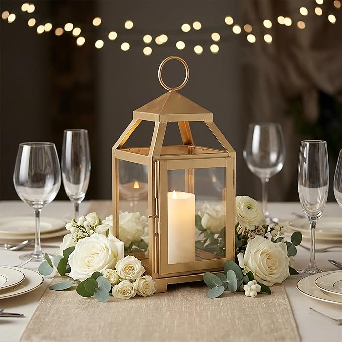 Hosley 12 Inch High Clear Glass and Iron Classic Style Lantern Ideal Gift for Festivities Parties Weddings Aromatherapy and Spa Settings-Gold