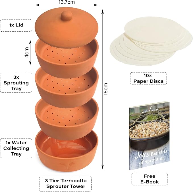 Clay Sprouter Kit | Terracotta Tower with 3 Shallow Germinating Trays, Paper Discs & Free E-Book | 2 in 1 Sprouting Trays Ideal for Germinating Sprouts and Microgreens