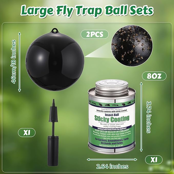 2 Pcs Large Fly Trap Balls Hanging Fruit Fly Traps Outdoor Adhesive Insect Balls with a Sticky Coating Glue Air Pump Insect Catch Sticky Bug for Farm Orchard Deerflies Mosquito (Black)