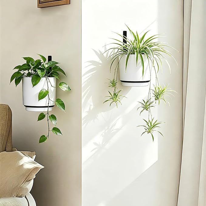 2 Pcs Wall Mounted Hanging Planter Vase for Indoor Outdoor Plants,Modern Metal Wall and Ceiling Hanging Flower Pot with Removable Flower Pot,Minimalist Decor for Herbs Succulents Flowers,6.7Inch,White