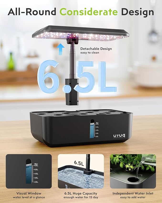 URUQ Indoor Hydroponics Growing System Kit 12 Pods Gardening System Herb Garden Custom Time with LED Grow Light Height Adjustable Quiet Plants Germination Kit - Gardening Gifts for Women Men Black