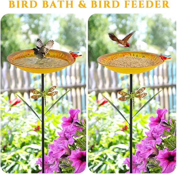 VEWOGARDEN 38" Tall Metal Bird Bath for Outside, Outdoor Bird Bath Feeder with Stable Stake for Garden, Yard, Patio Decor, Yellow